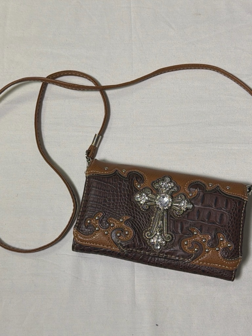 Western Brown Embossed Cross Accent Wristlet Shoulder Bag